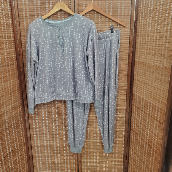 Nautica Velour Fleece Lined Two Piece Gray Star Print Pajama Set Size Medium - Picture 1 of 14